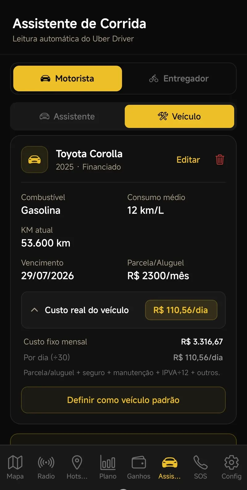 Cadastro de veiculo e custo diario