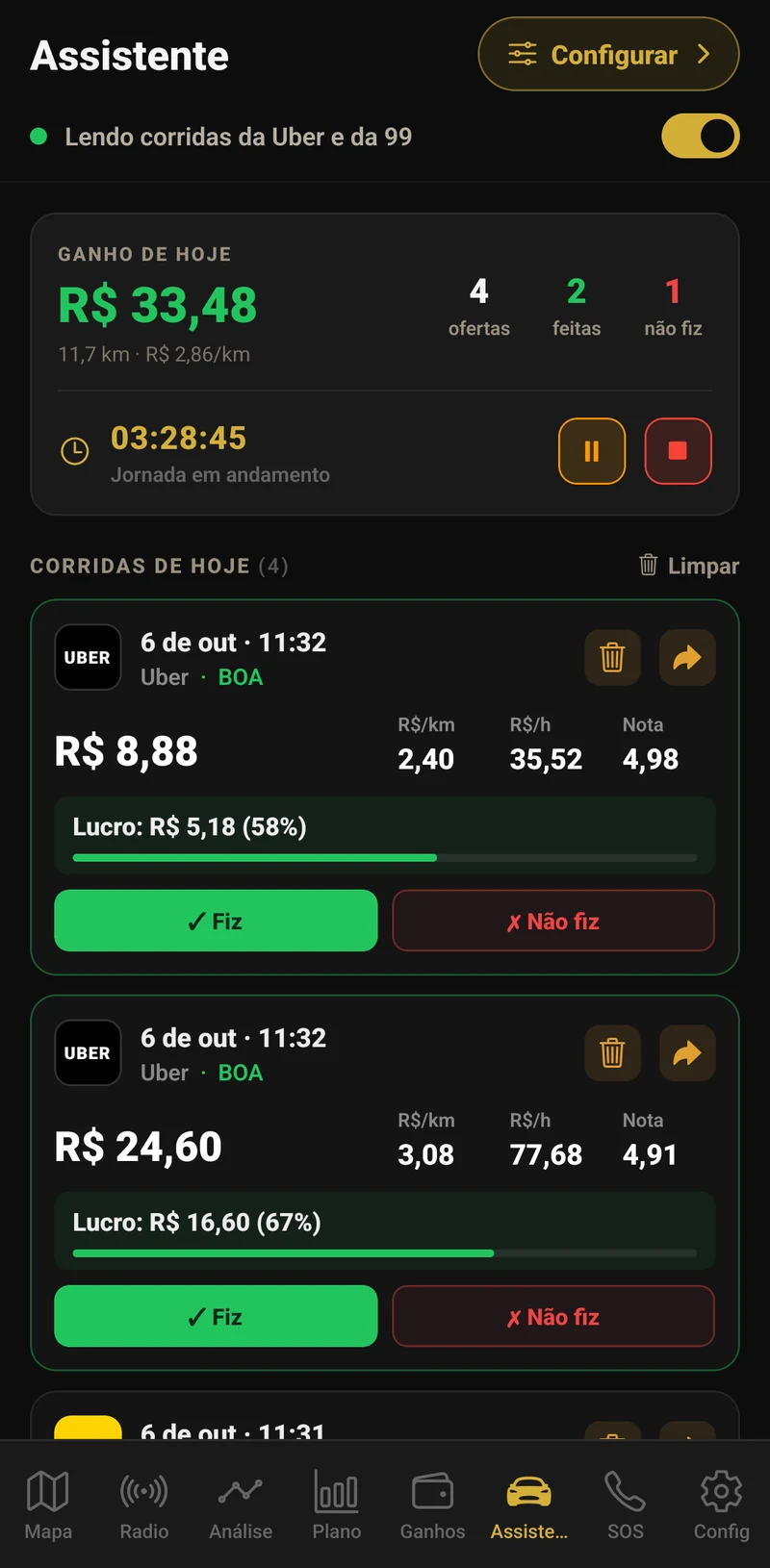 Controle de jornada e resumo do dia